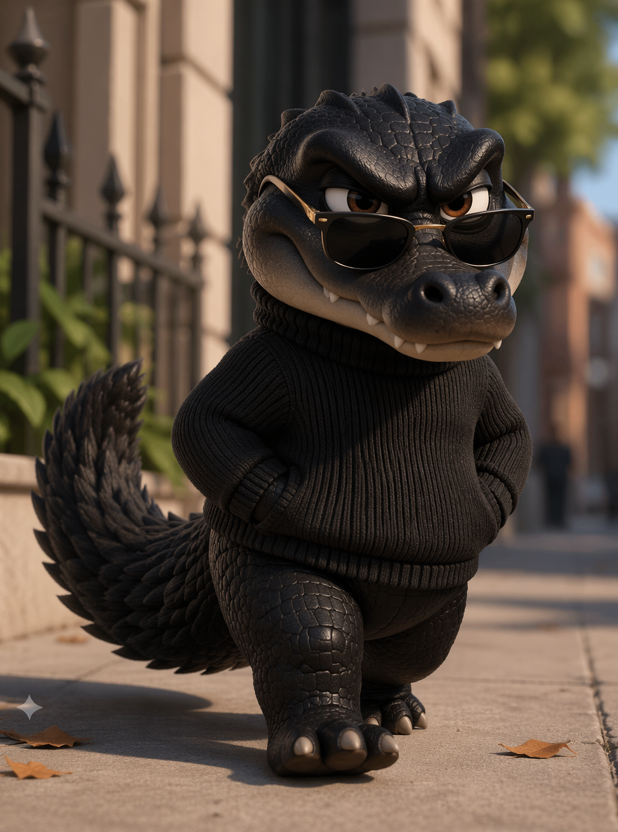Anthropomorphic black crocodile wearing a turtleneck and sunglasses