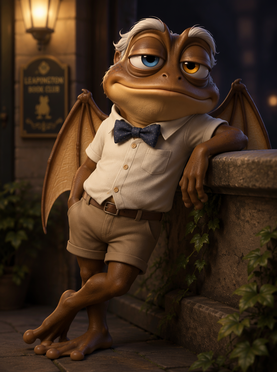Anthropomorphic winged toad in a bow tie and tailored shorts
