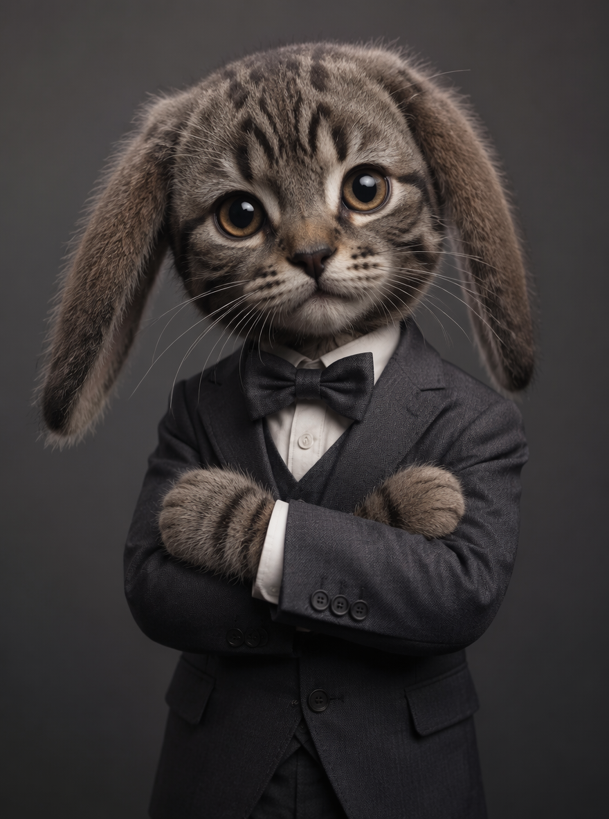 Anthropomorphic tabby cat wearing a charcoal suit and bow tie