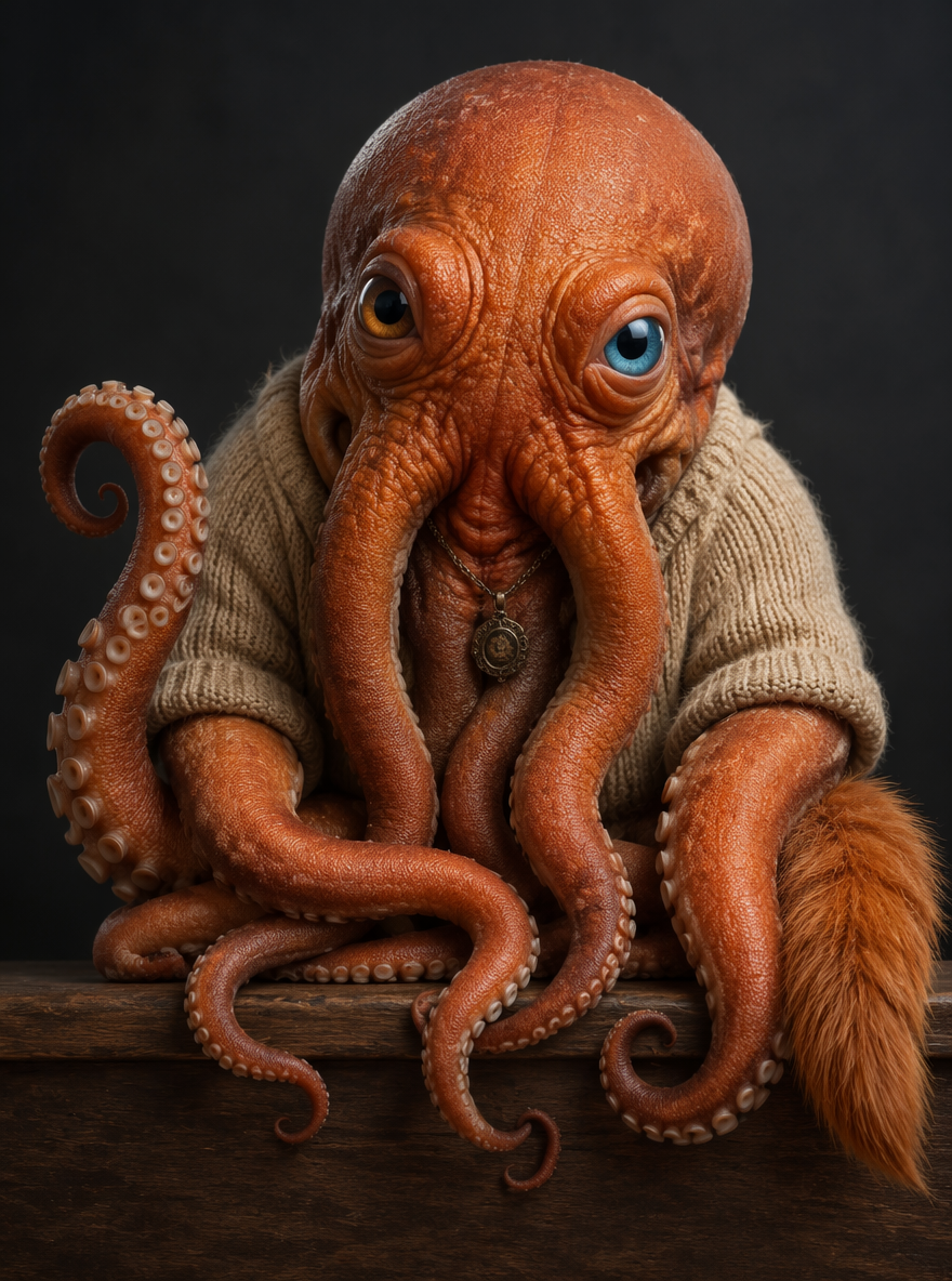 Anthropomorphic orange octopus in a beige knitted cardigan