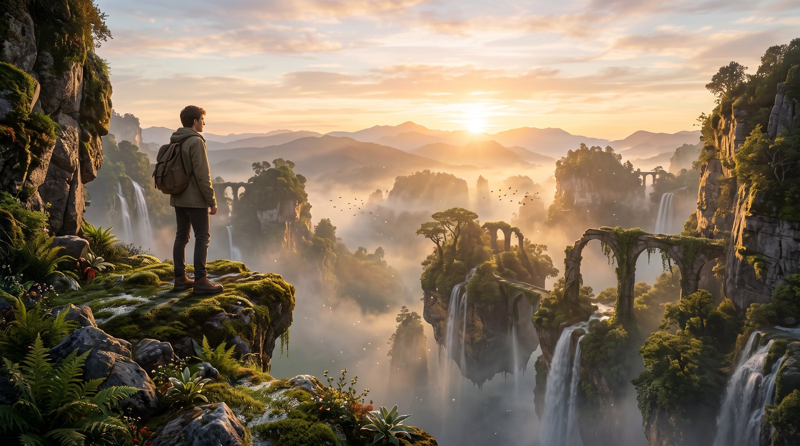 Um explorador fotorrealista num penhasco coberto de musgo acima de um vale de ilhas flutuantes ao nascer do sol, feito com o Nano Banana Pro no OCMaker AI