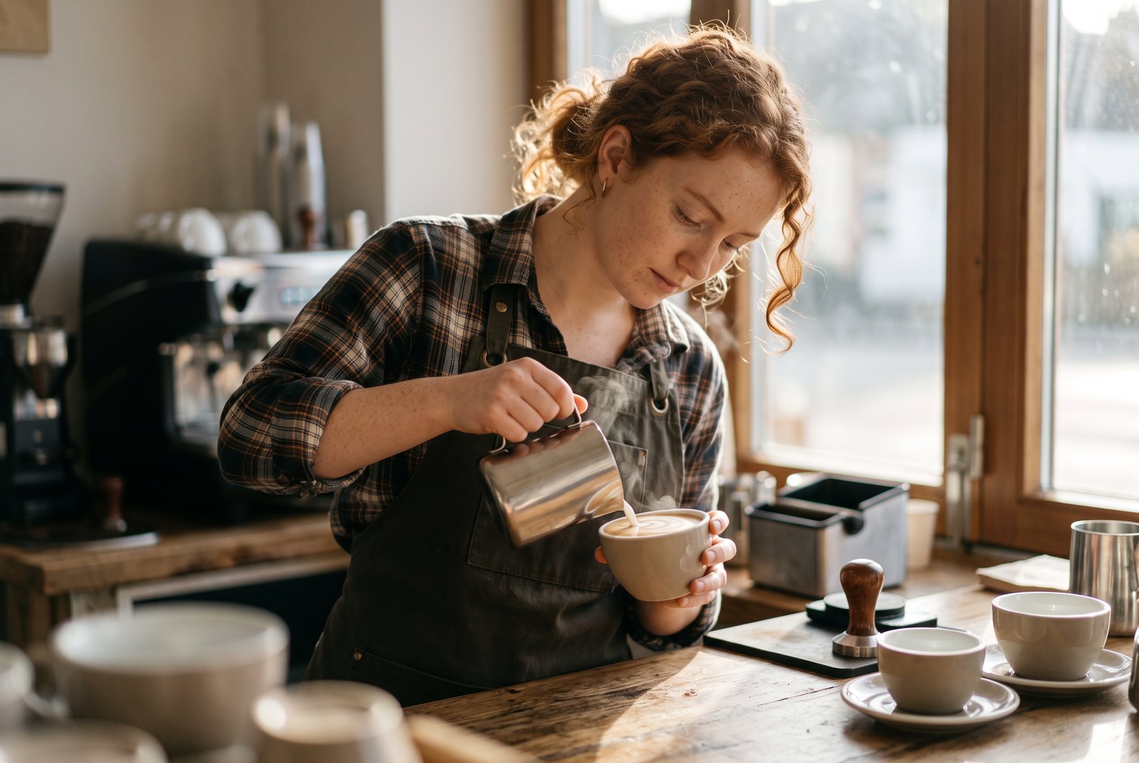 Uma barista fotorrealista fazendo latte art num café ensolarado, feito com o Nano Banana Pro no OCMaker AI