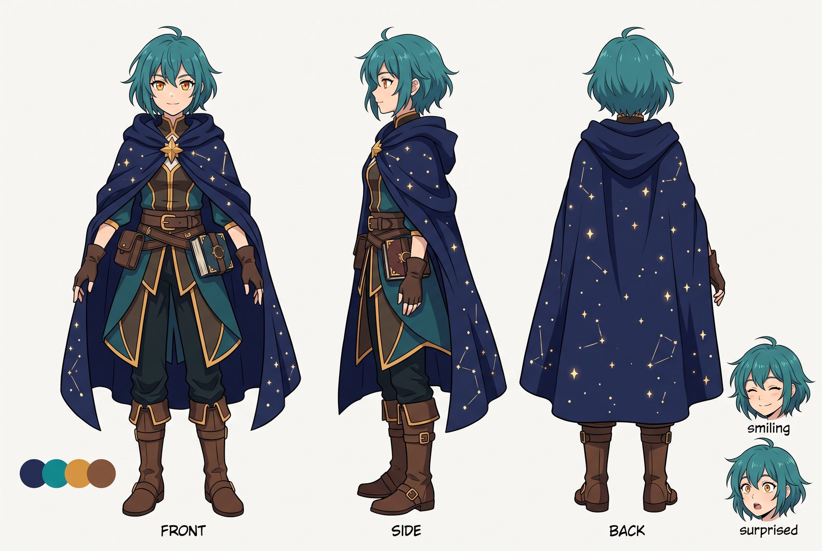 Uma ficha de referência de personagem anime com vistas de frente, de lado e de costas e amostras de cor, feita com o Nano Banana Pro no OCMaker AI