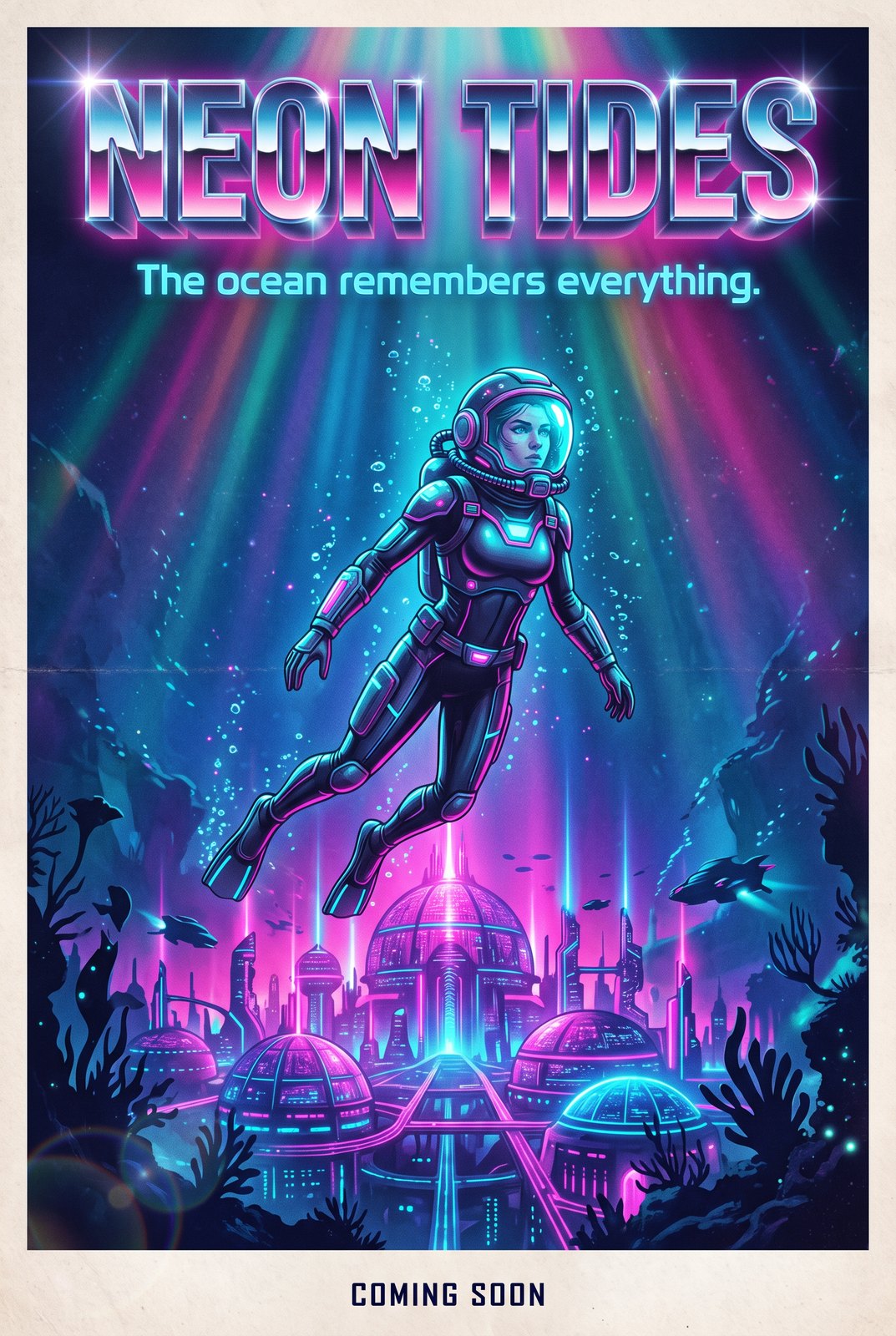Um pôster retrô de ficção científica intitulado NEON TIDES com um slogan legível, feito com o Nano Banana Pro no OCMaker AI