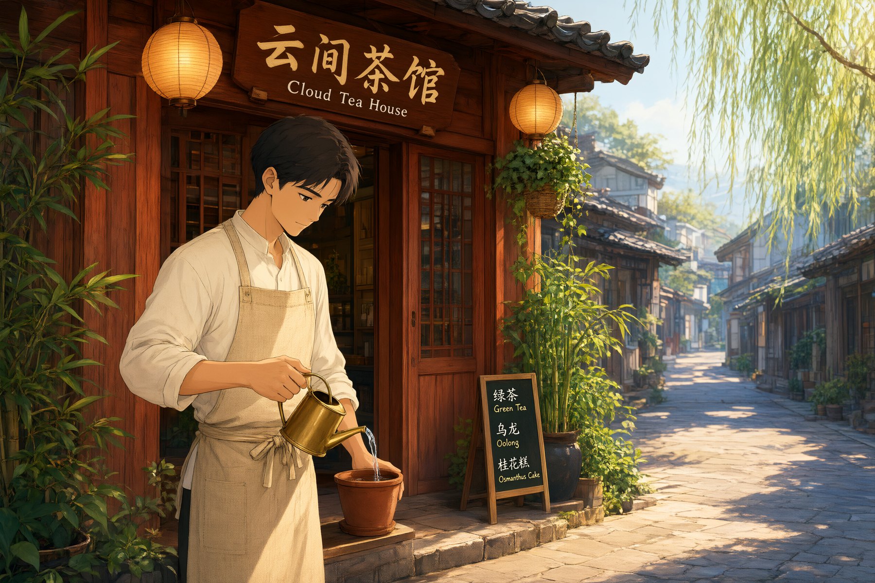간판에 '云间茶馆'와 'Cloud Tea House', 중영 이중 언어 메뉴가 있는 찻집, OCMaker AI의 Qwen Image 3.0으로 생성