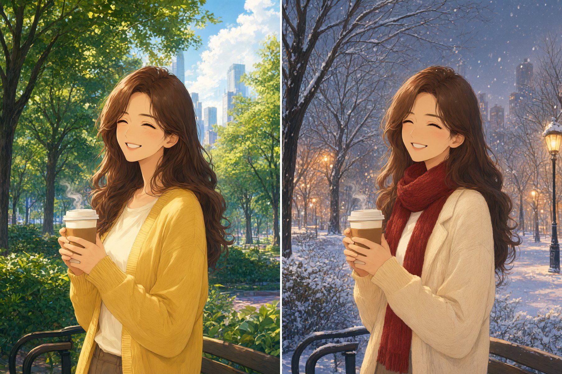 편집 전후: 여름 공원의 애니메이션 여성과, 눈 내리는 겨울 저녁으로 옮긴 같은 여성, Qwen Image 3.0으로 편집