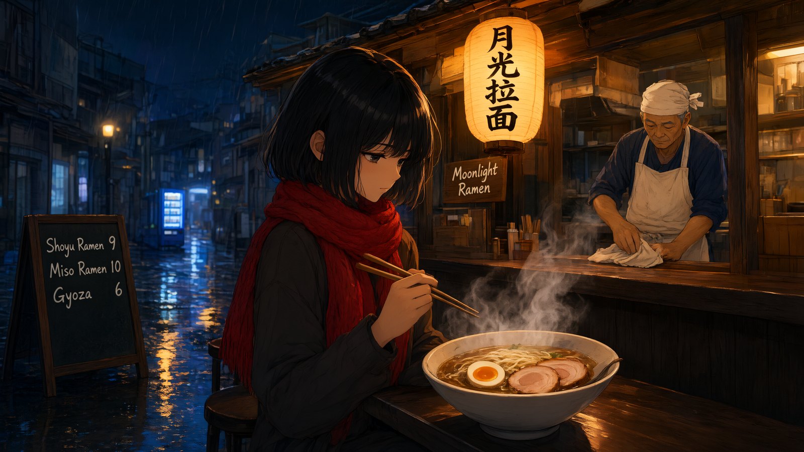 비 오는 밤 라멘 포장마차, 등에 '月光拉面', 간판에 'Moonlight Ramen'이라고 적힌 장면, OCMaker AI의 Qwen Image 3.0으로 생성