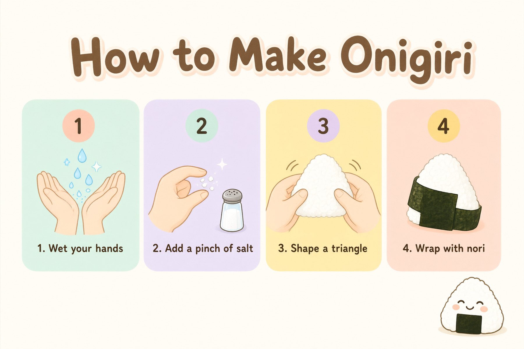 'How to Make Onigiri'라는 제목에 번호 붙은 네 단계가 있는 일러스트 레시피 카드, OCMaker AI의 Qwen Image 3.0으로 생성