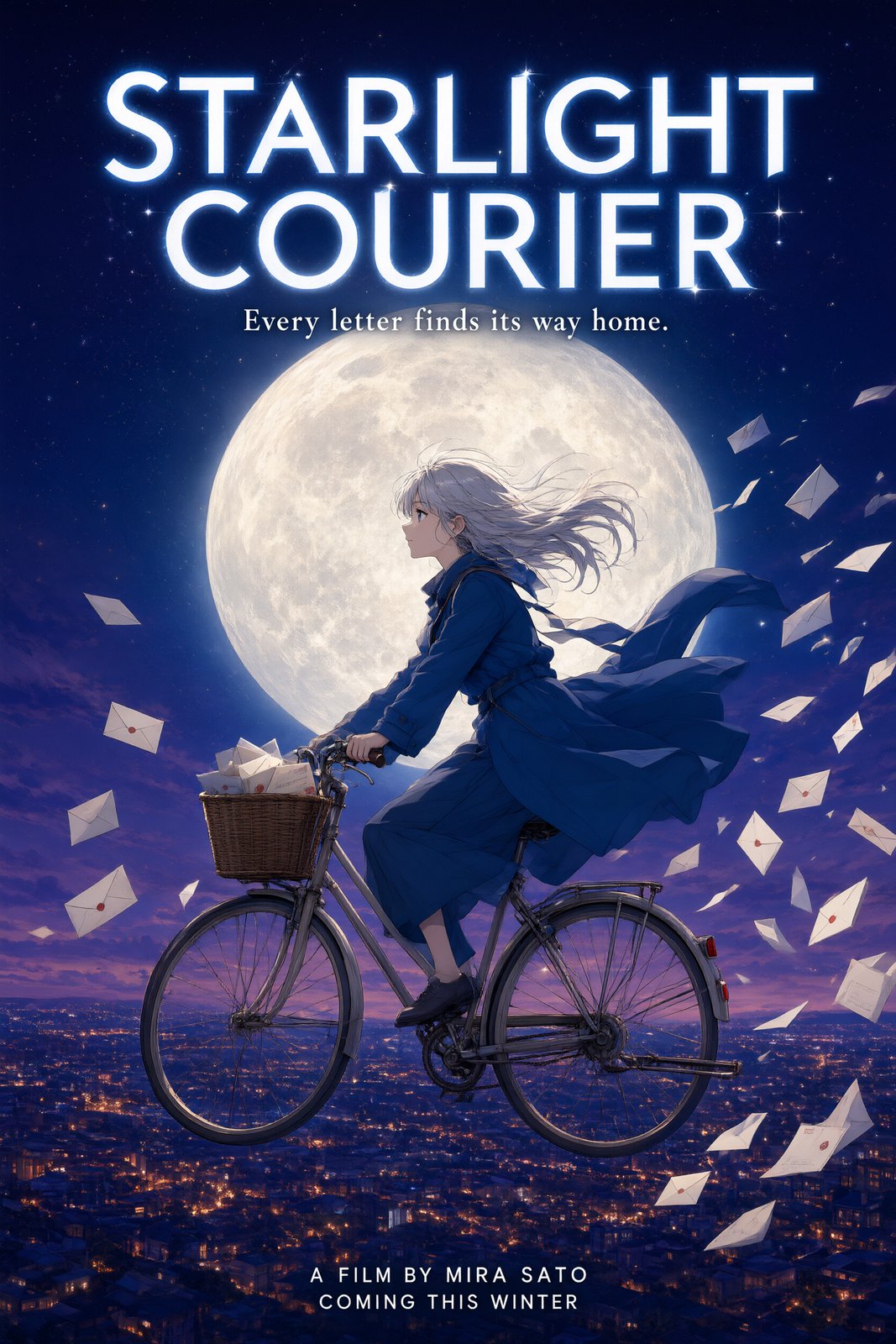 제목이 'STARLIGHT COURIER'인 애니메이션 영화 포스터, OCMaker AI의 Qwen Image 3.0으로 생성