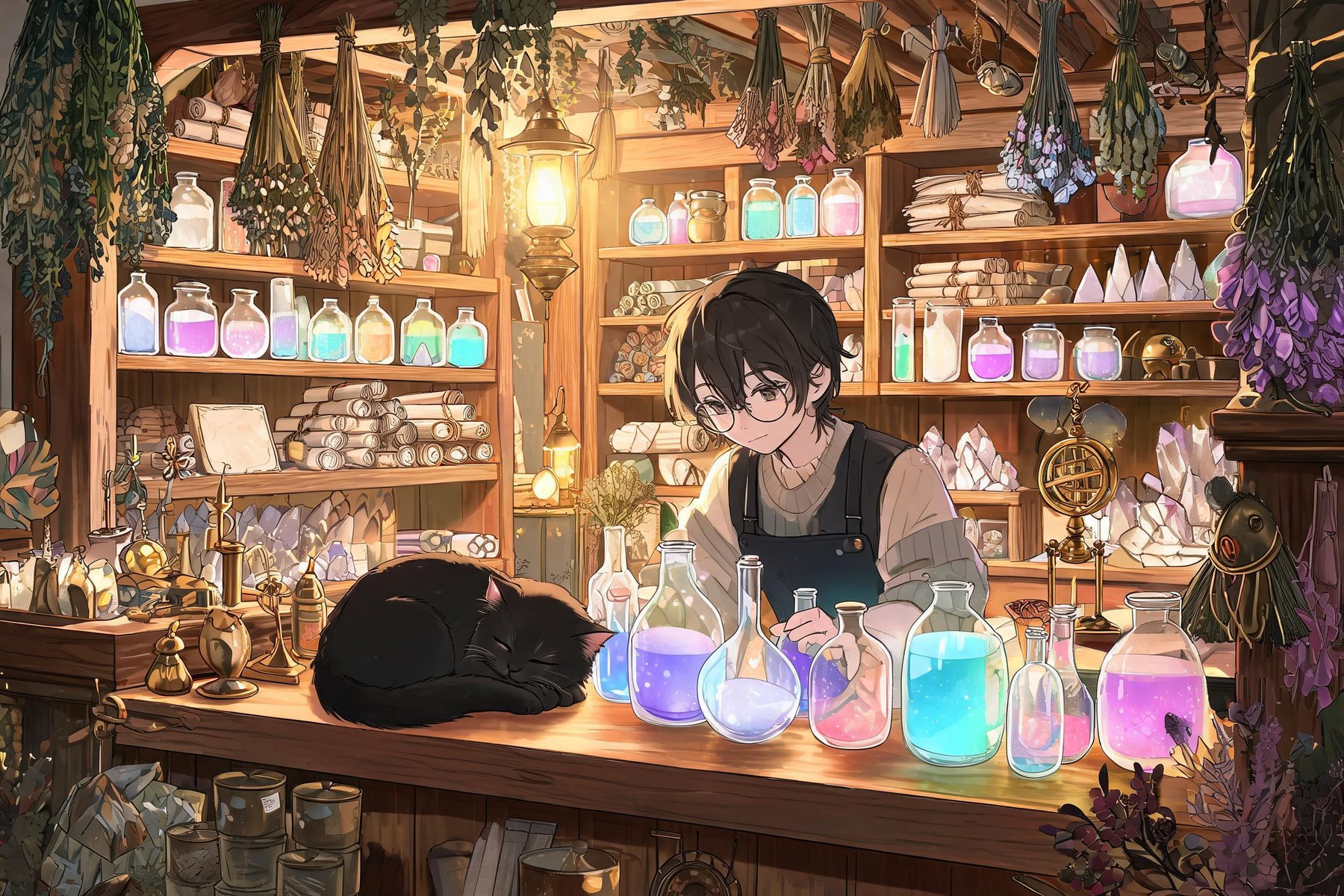 A cozy anime magic shop full of potions, scrolls and a sleeping black cat, made with Seedream 5.0 Lite on OCMaker AI