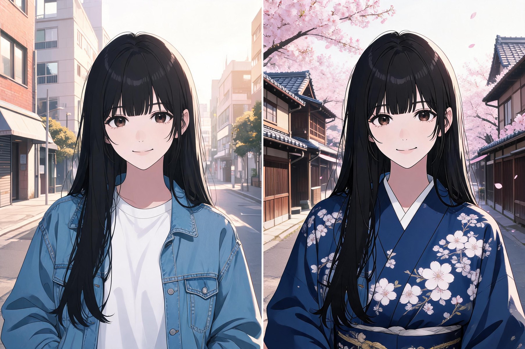 Before and after: an anime woman in a denim jacket, then the same woman in a kimono under cherry blossoms, edited with Seedream 5.0 Lite