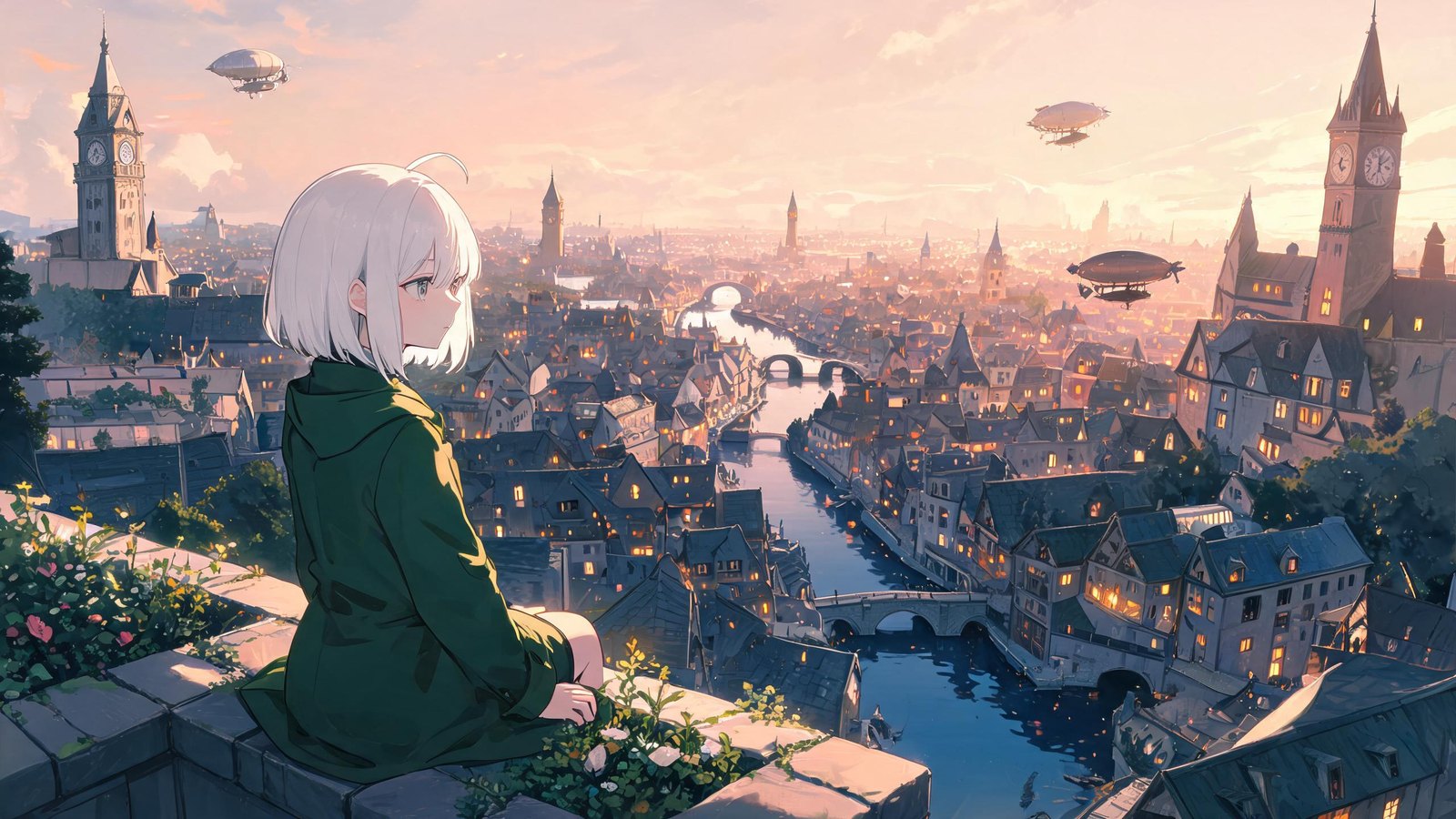 An anime girl on a rooftop garden overlooking a detailed fantasy city at golden hour, made with Seedream 5.0 Lite on OCMaker AI