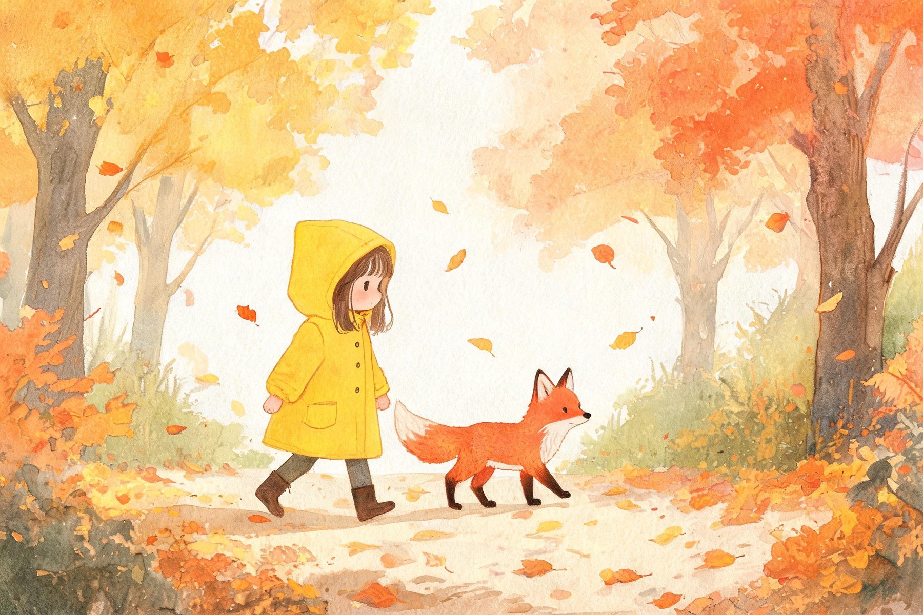 Watercolor storybook illustration of a child in a yellow raincoat and a fox in an autumn forest, made with Seedream 5.0 Lite