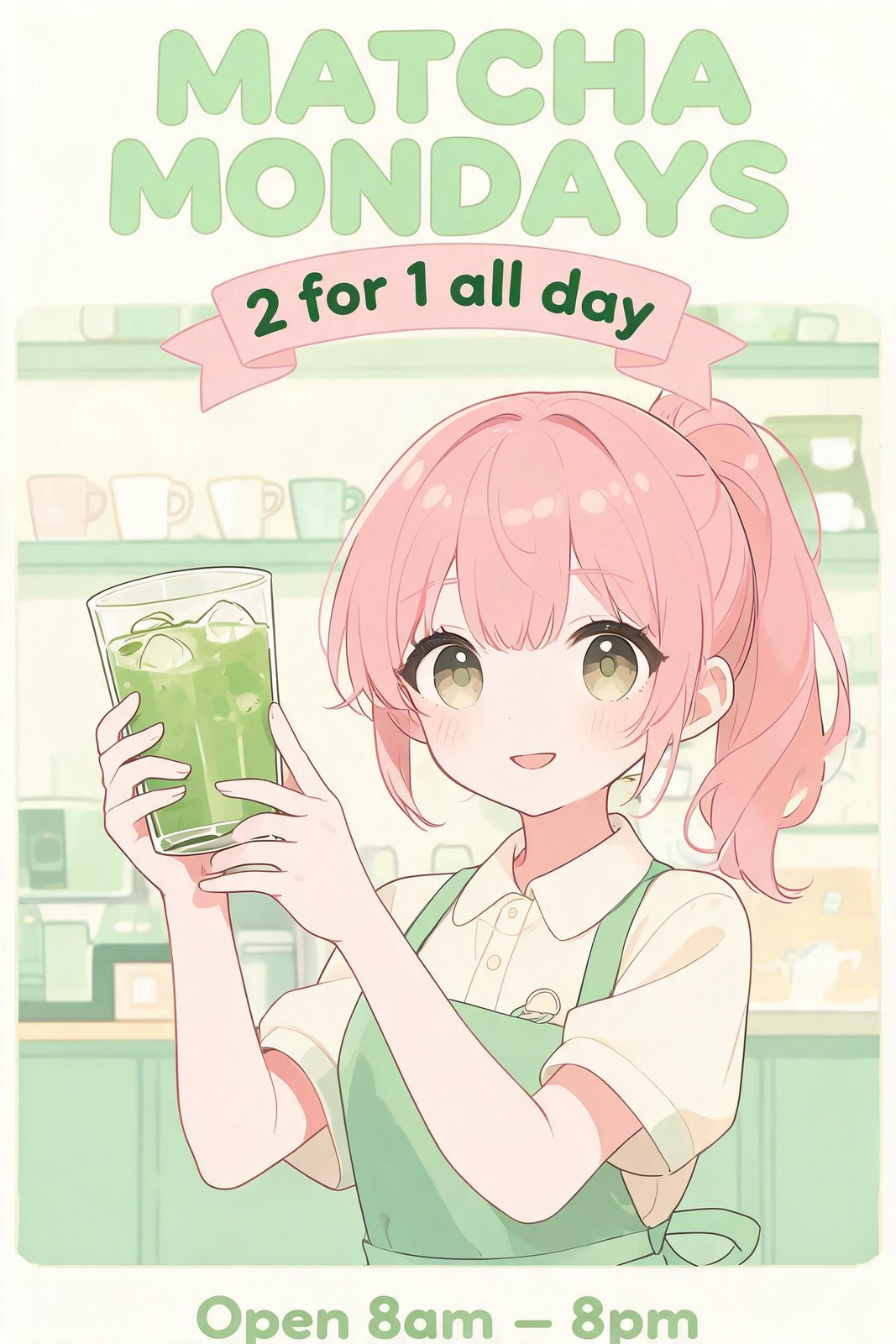 Anime café poster reading MATCHA MONDAYS with a barista holding an iced matcha latte, made with Seedream 5.0 Lite on OCMaker AI