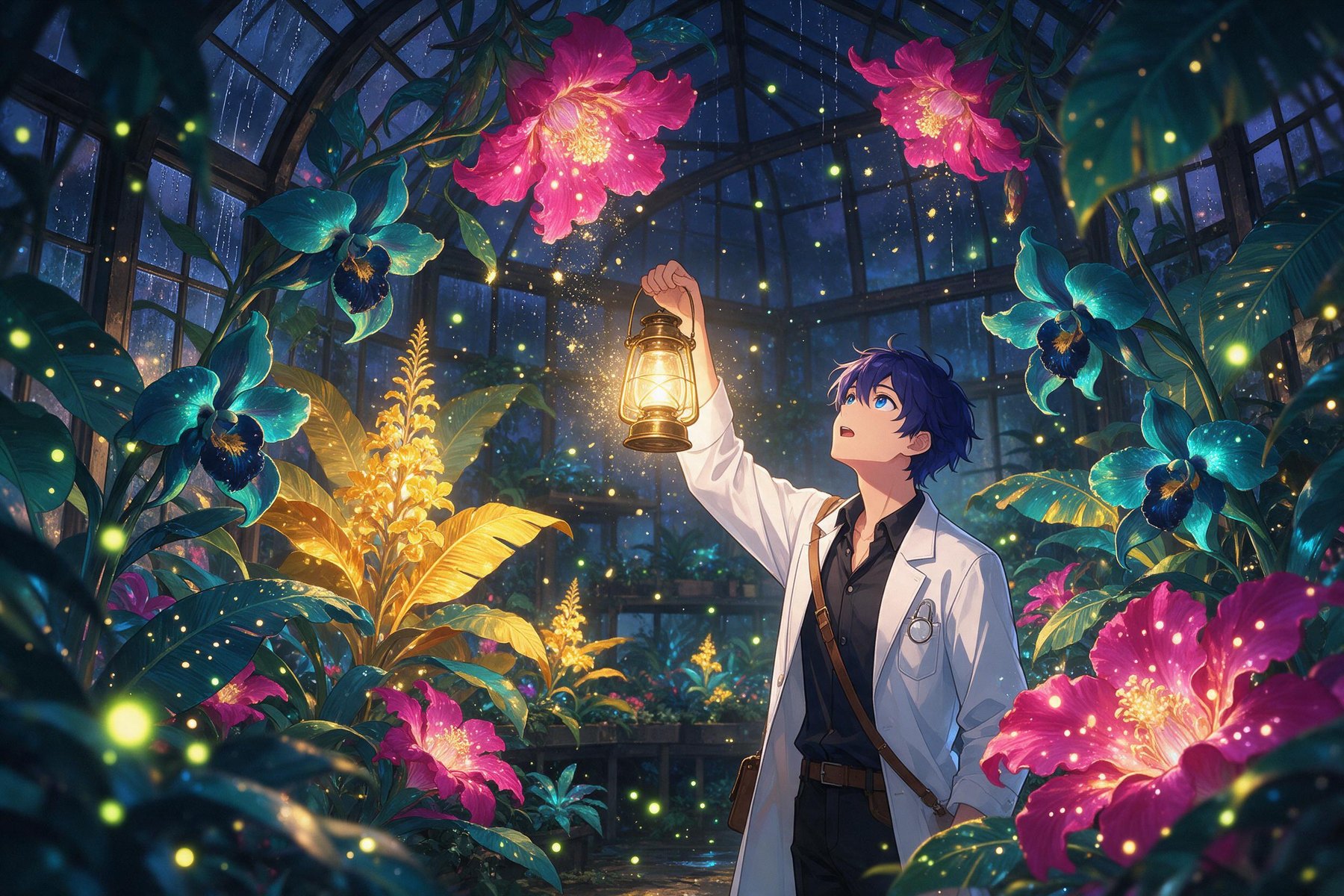 A night greenhouse full of glowing magenta, teal and gold flowers and a botanist with a lantern, made with Seedream 5.0 Pro