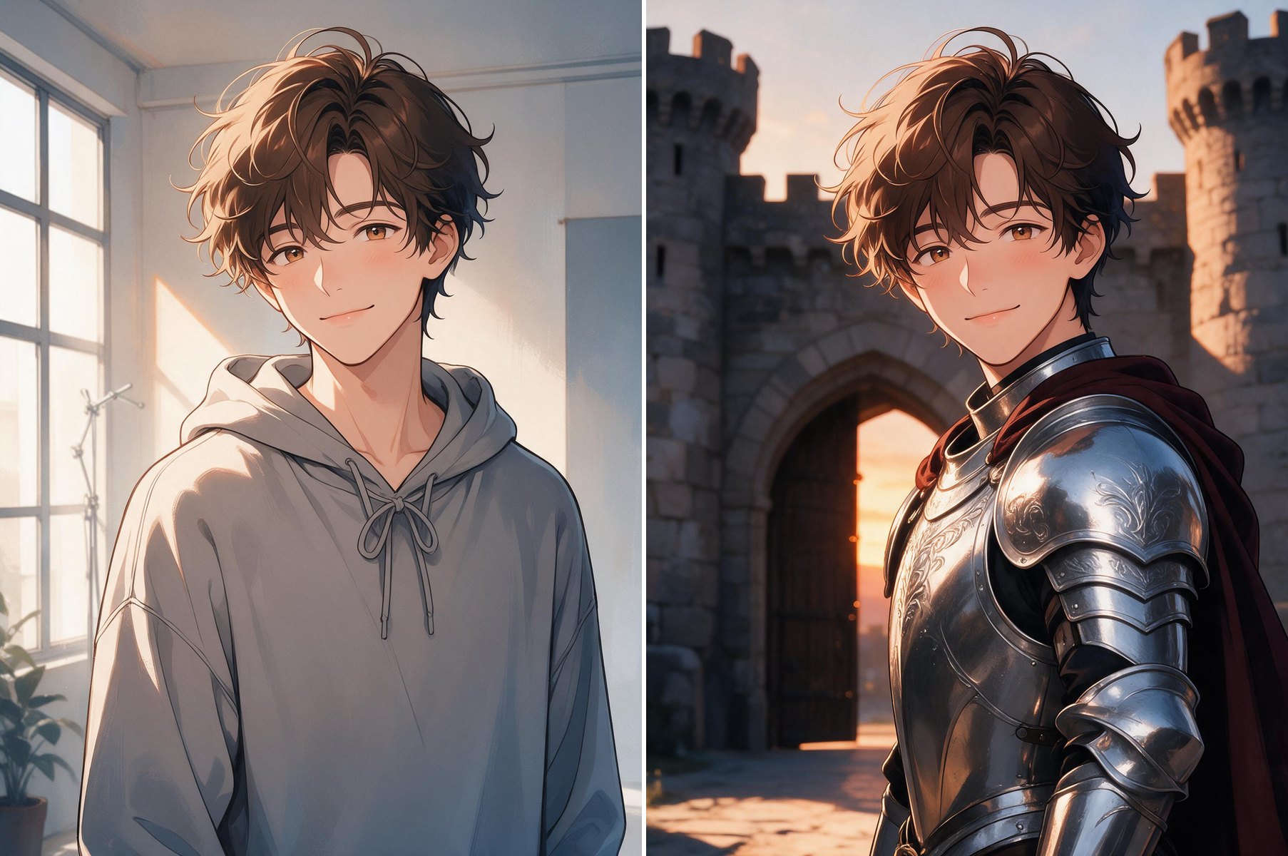 Before and after: an anime man in a grey hoodie, then the same man as a knight in silver armor, edited with Seedream 5.0 Pro