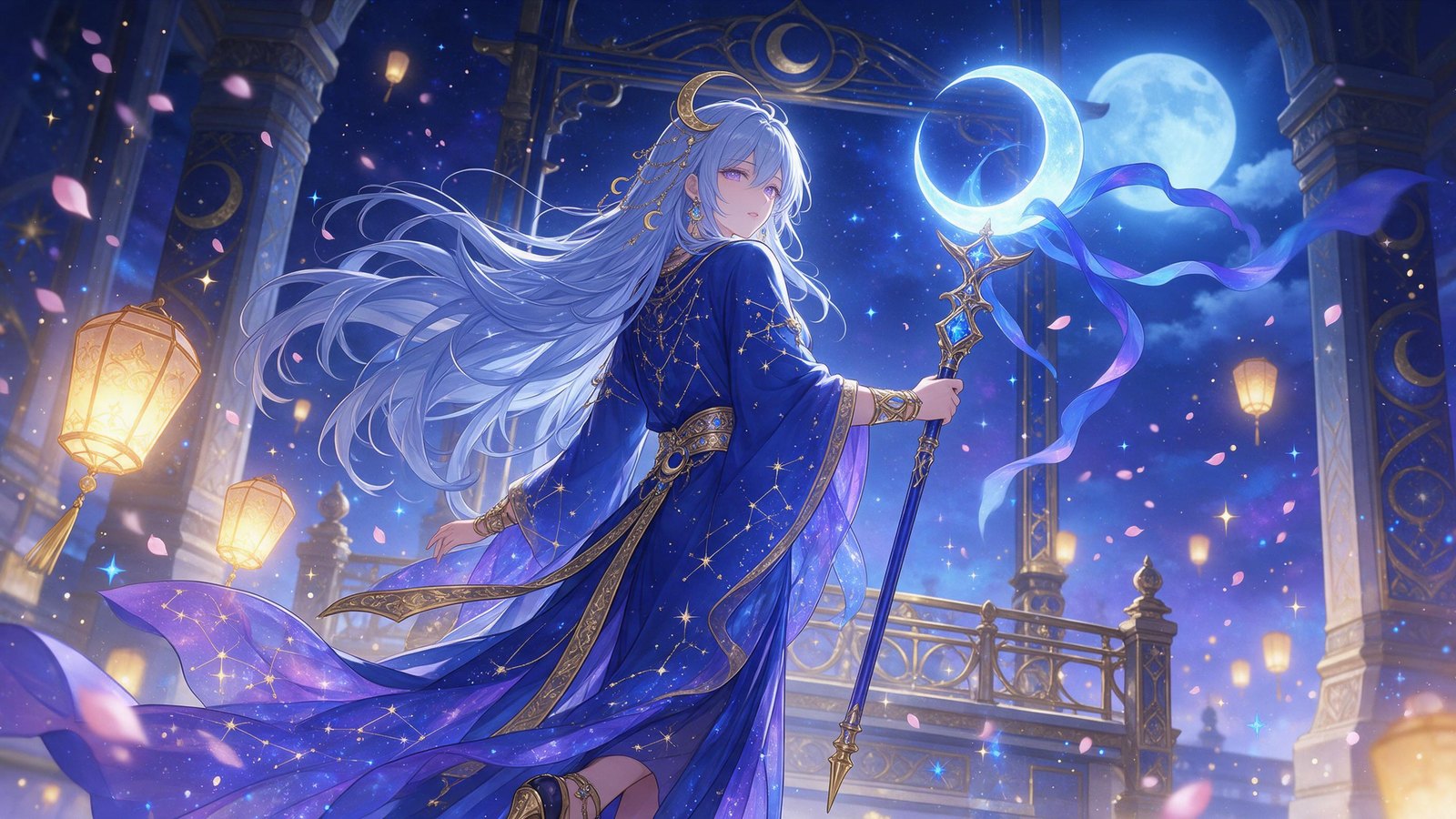 An anime celestial priestess in a moonlit temple with gold-embroidered robes, made with Seedream 5.0 Pro on OCMaker AI
