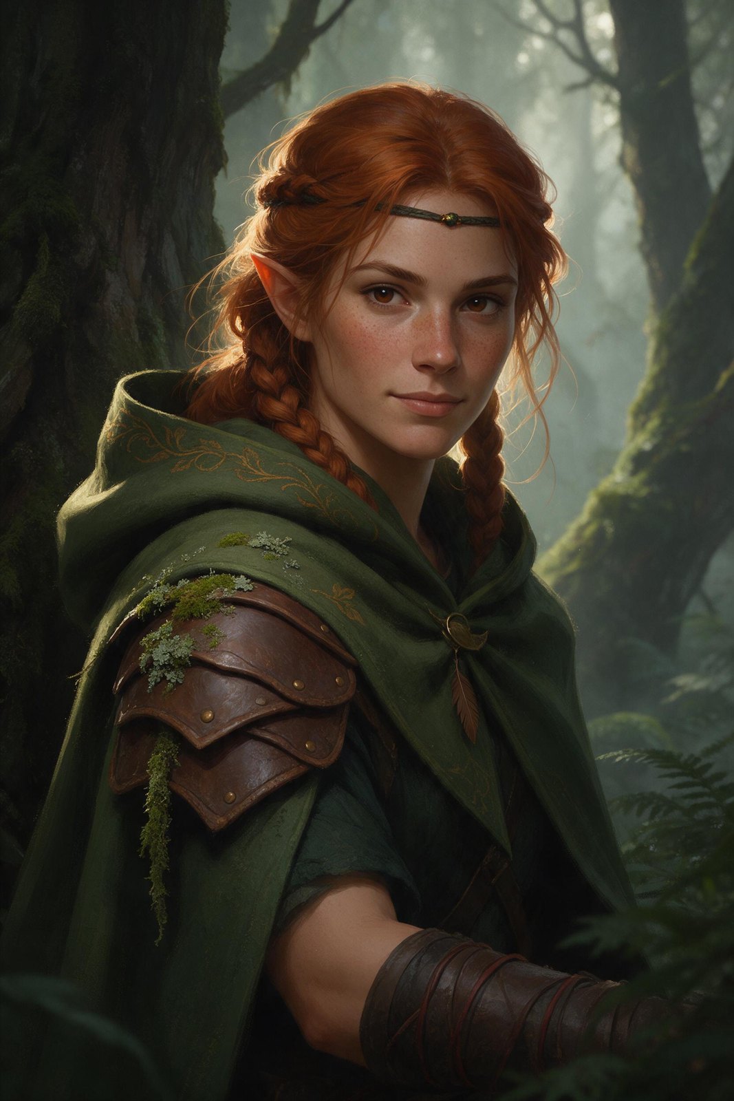 Semi-realistic portrait of an elf ranger with braided copper hair and a green cloak, made with Seedream 5.0 Pro on OCMaker AI