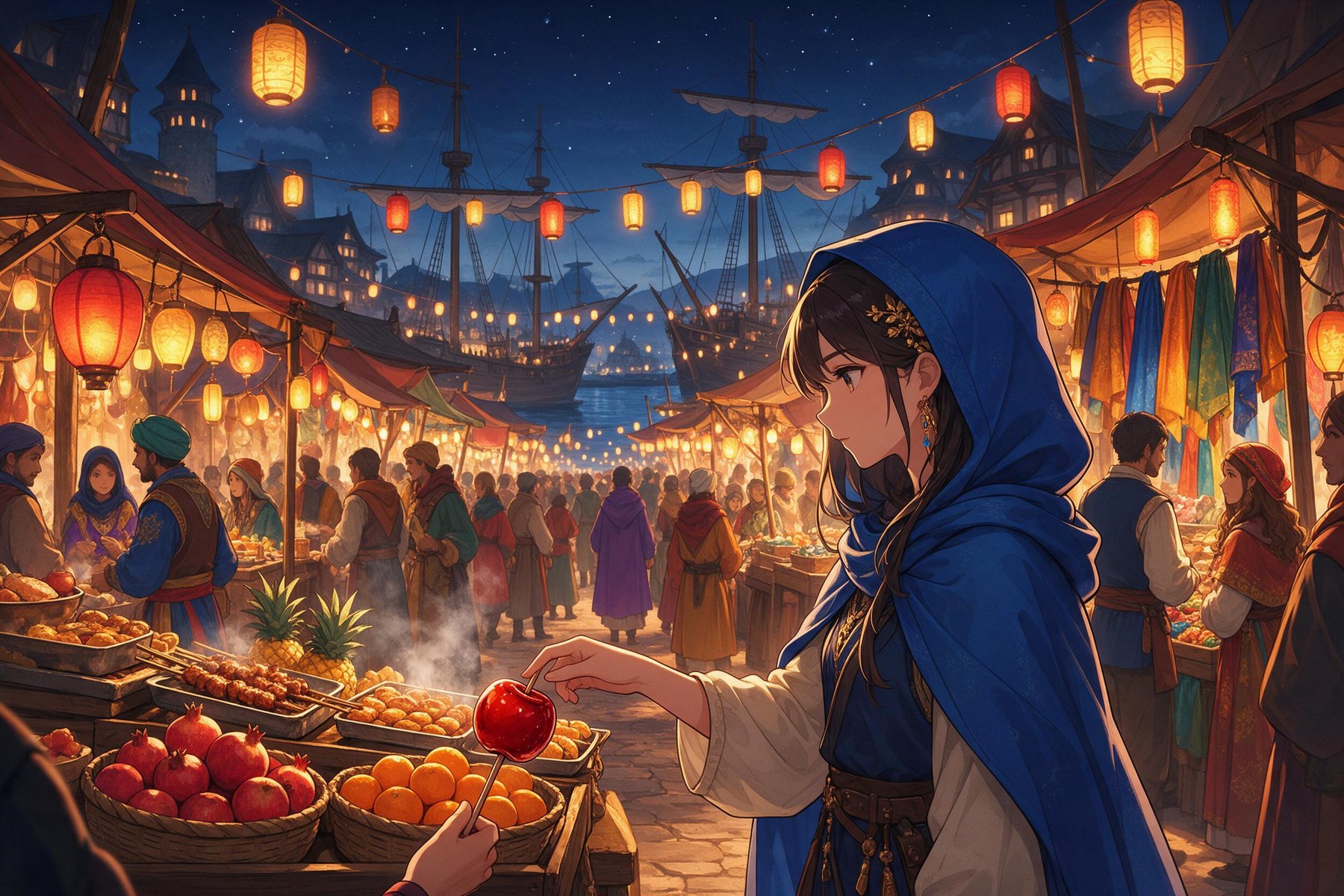A busy fantasy harbor night market under red lanterns, made with Seedream 5.0 Pro on OCMaker AI