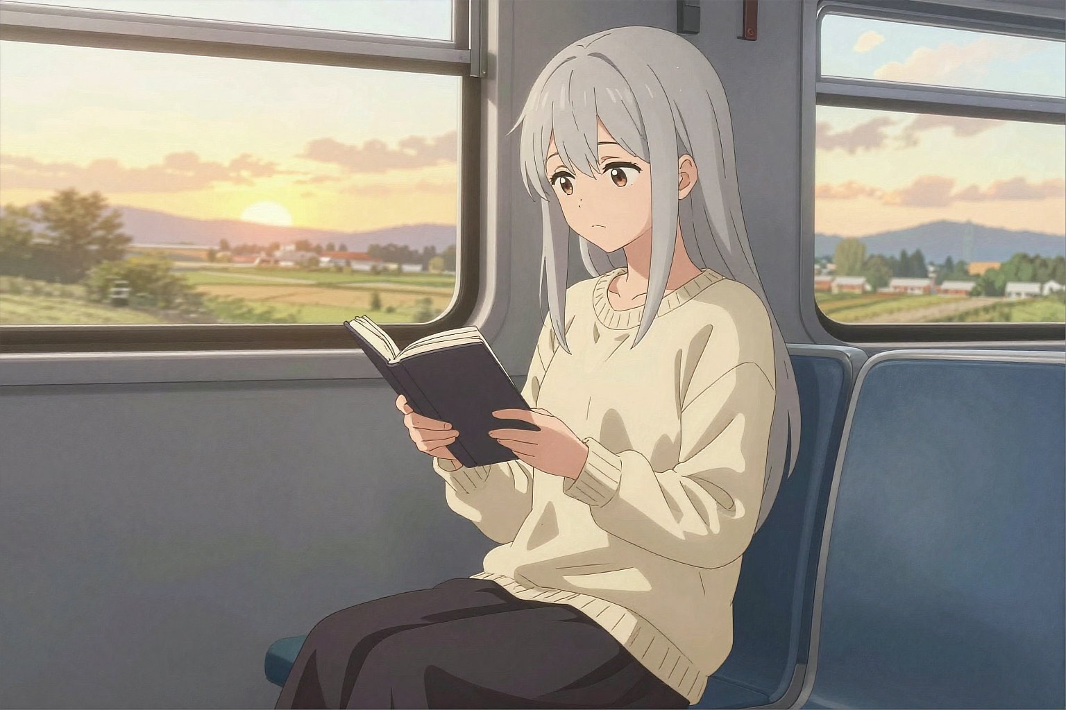 夕暮れの電車で本を読む、長い銀髪のアニメの女性(OCMaker AI で Z-Image Turbo を使って作成)