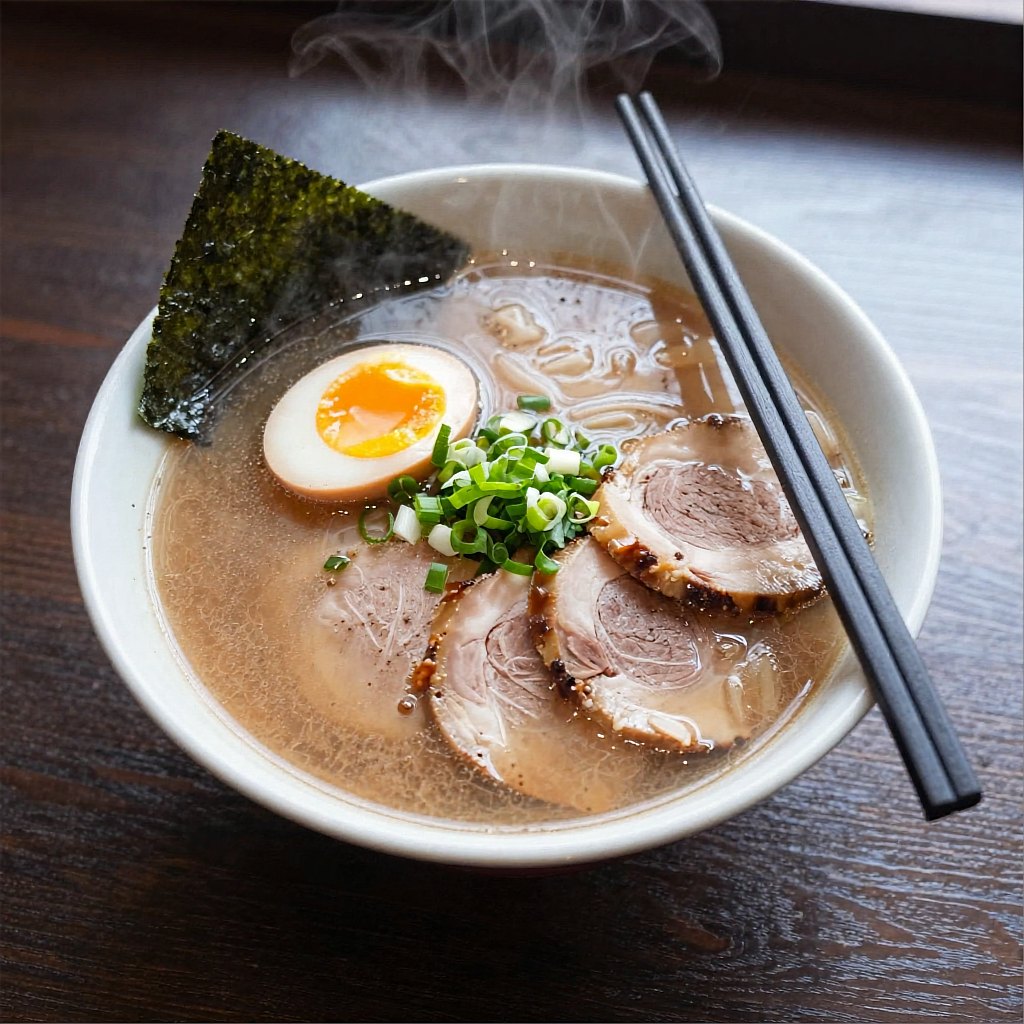 暗い木のテーブルに置かれた半熟卵入りラーメンの真上からの写真(OCMaker AI で Z-Image Turbo を使って作成)