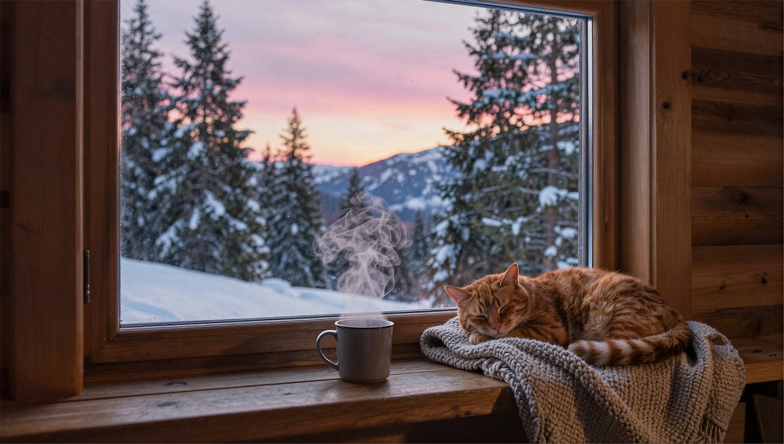 雪の朝焼けの山小屋の窓辺で眠る茶トラ猫(OCMaker AI で Z-Image Turbo を使って作成)