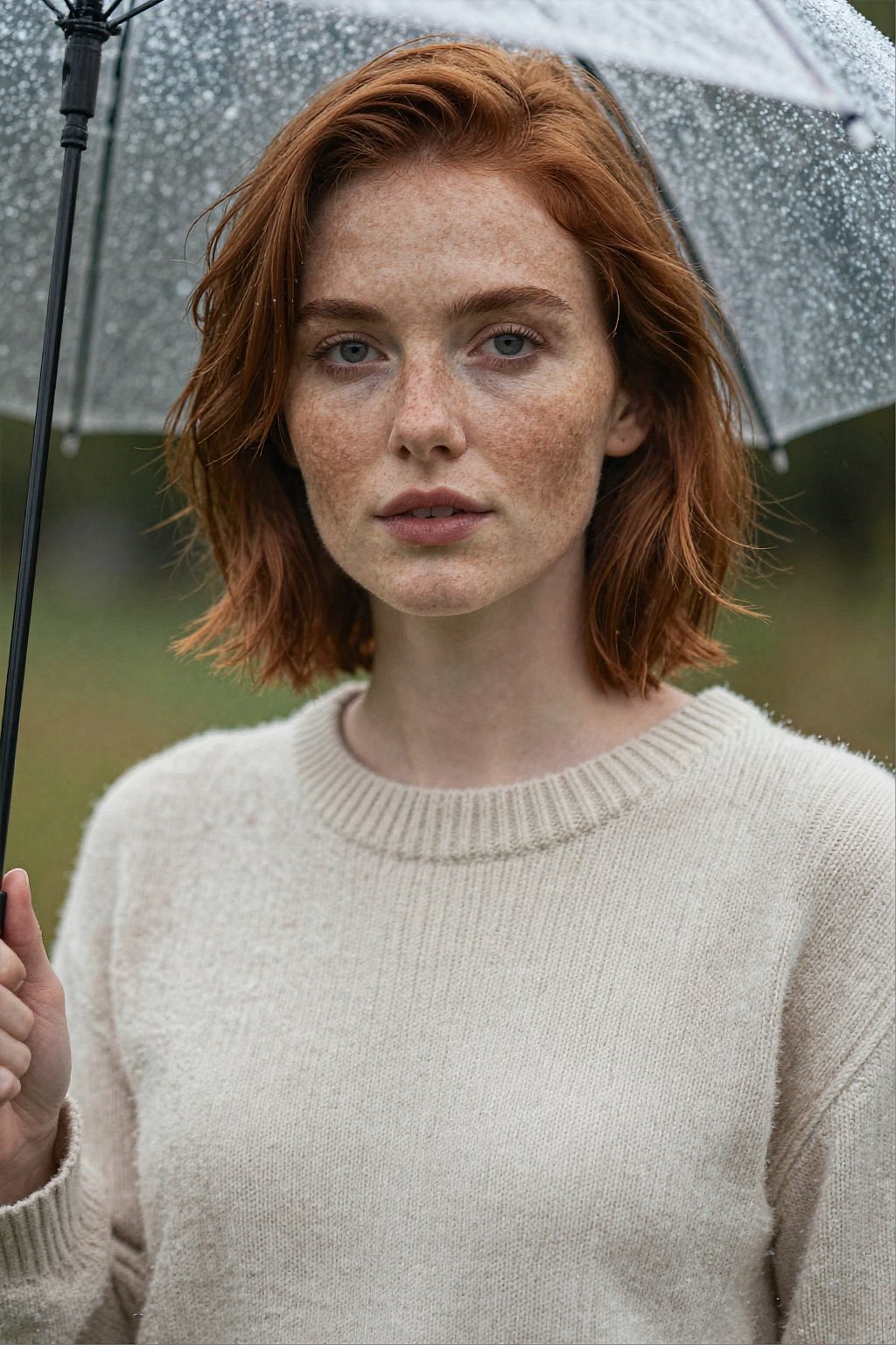 小雨の中、傘をさすそばかすの若い女性のフォトリアルなポートレート(OCMaker AI で Z-Image Turbo を使って作成)