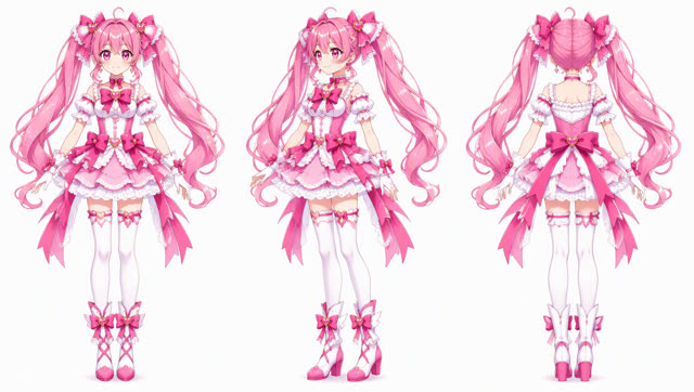 Magical girl character turnaround sheet with front, side and back views