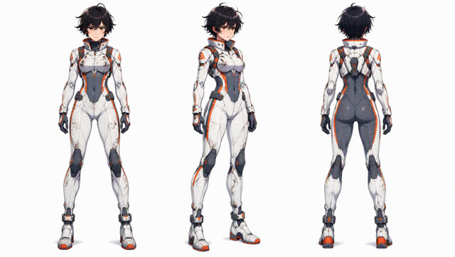 Sci-fi pilot suit character reference sheet