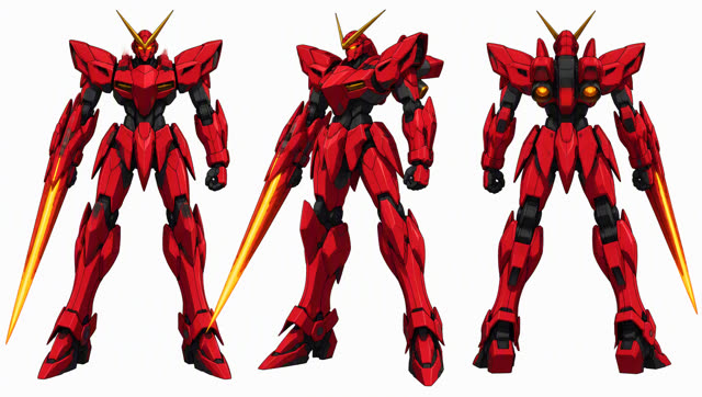 Red mecha character design sheet from three angles