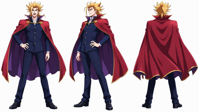 Caped demon king character design sheet