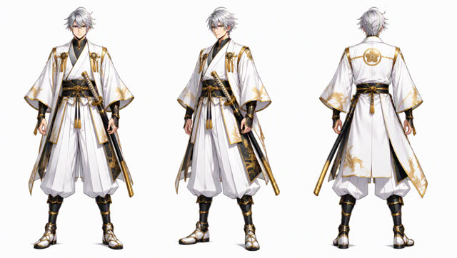 White and gold priest character turnaround
