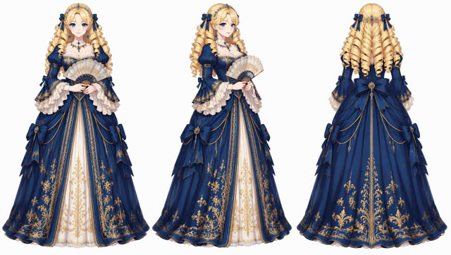 Villainess character design sheet with full outfit details