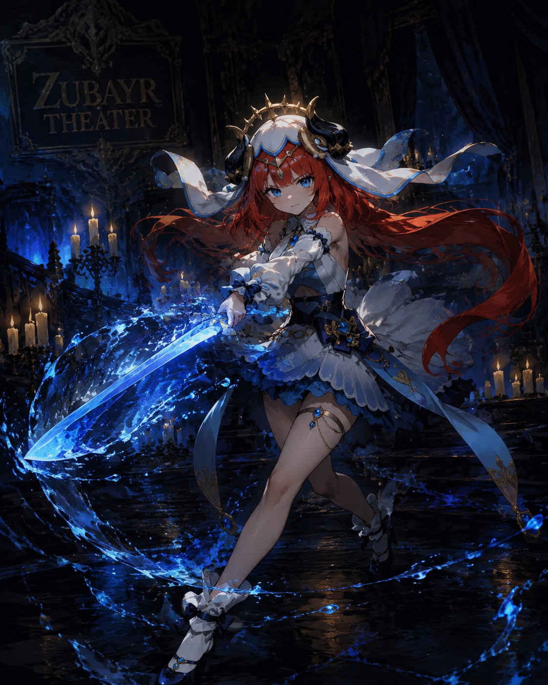 Executing a powerful hydro sword strike At the candlelit Zubayr Theater stage (dark gothic fantasy, moody dramatic shadows)
