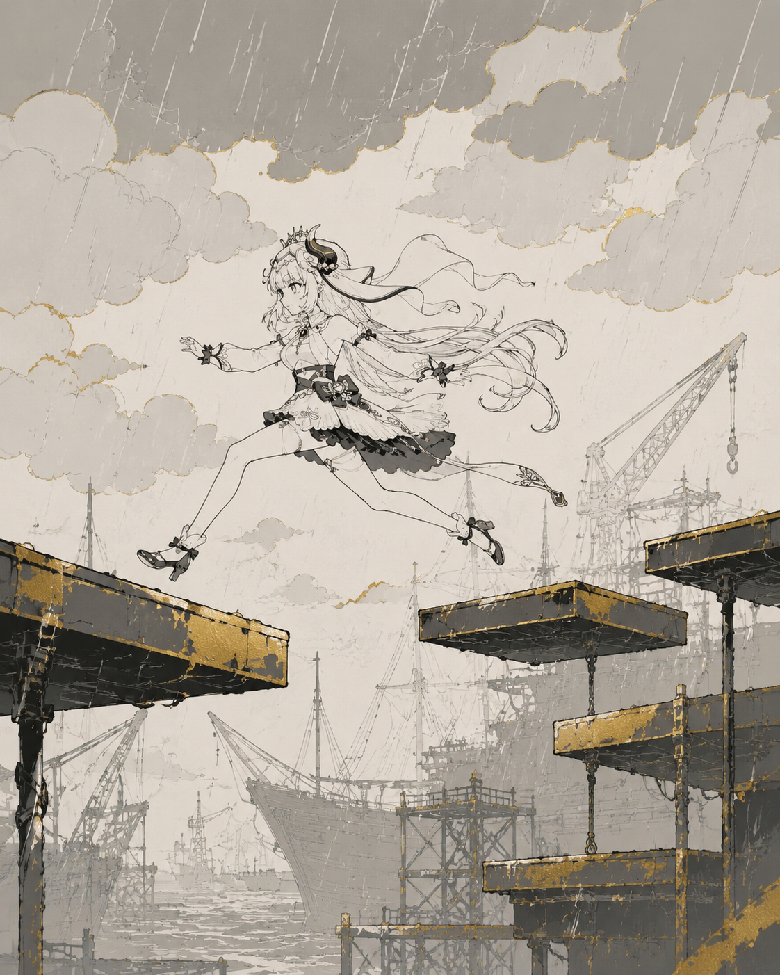 Leaping across a series of floating platforms At a rainy shipyard under heavy gray clouds (minimalist line art, gold leaf accents)