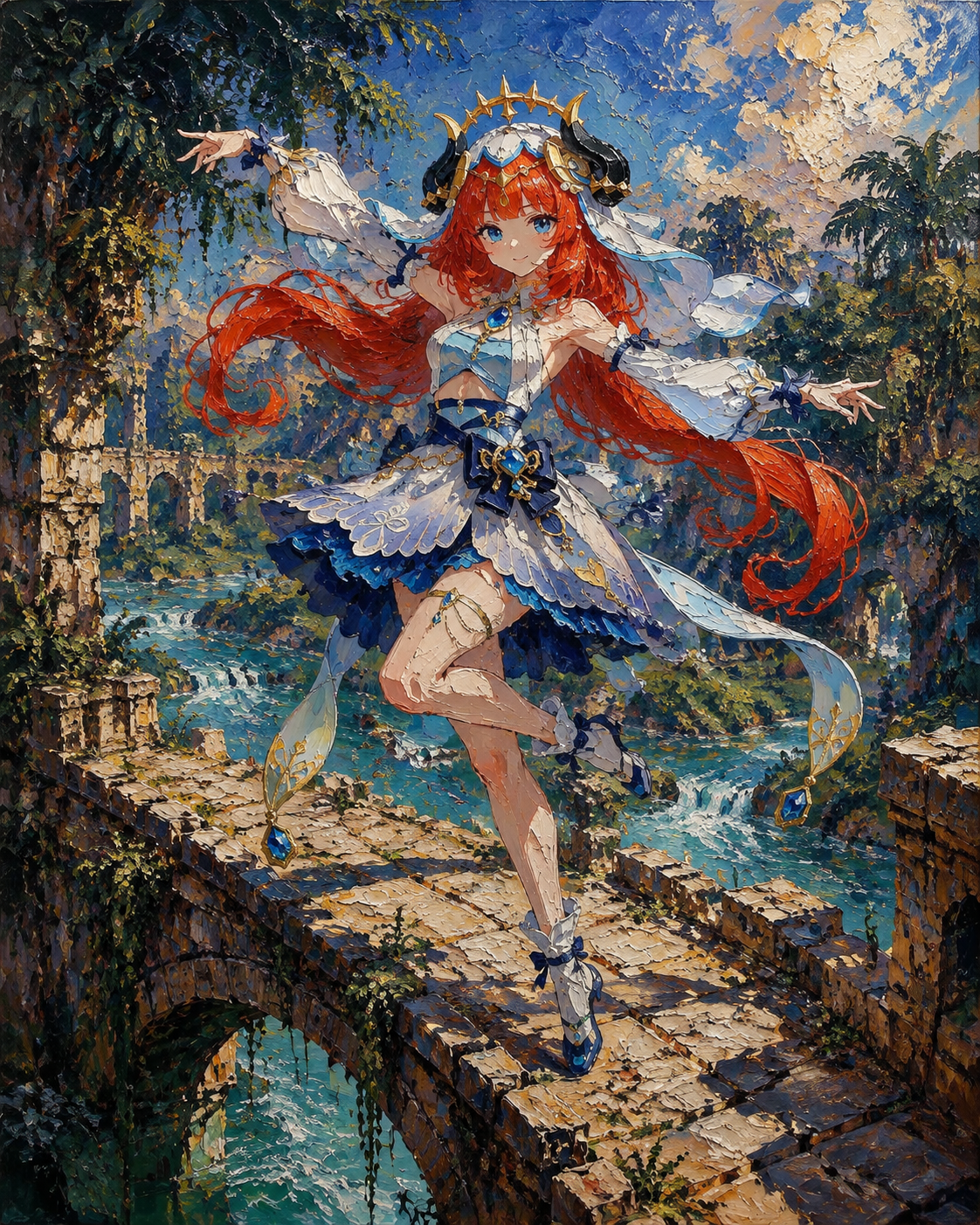 Performing the graceful dance of sabzeruz On a crumbling stone bridge over a jungle river (thick impasto oil painting, vibrant textures)