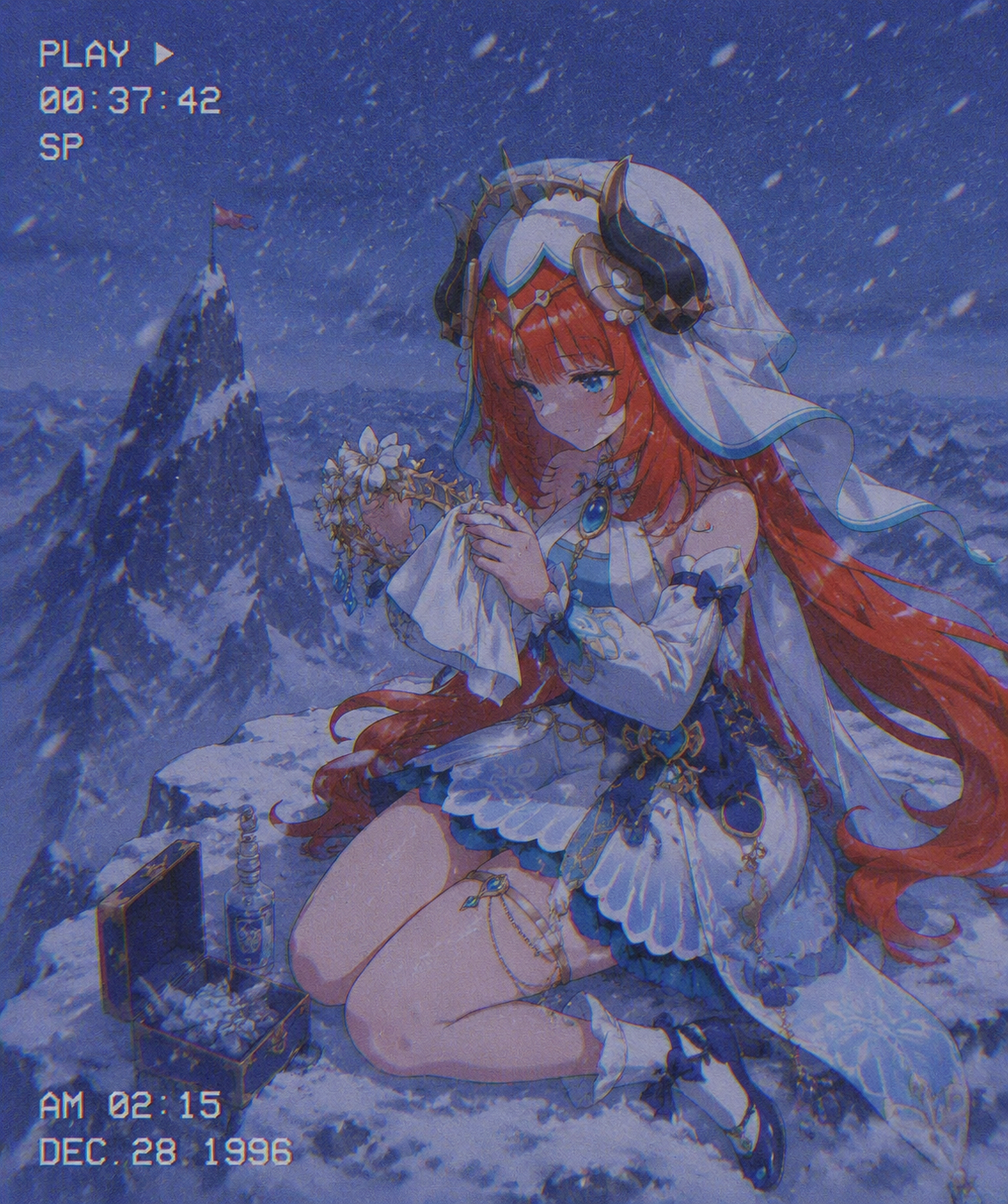 Polishing her ornate floral headpiece On a frozen mountain peak during a blizzard (90s retro anime, grainy VHS aesthetic)
