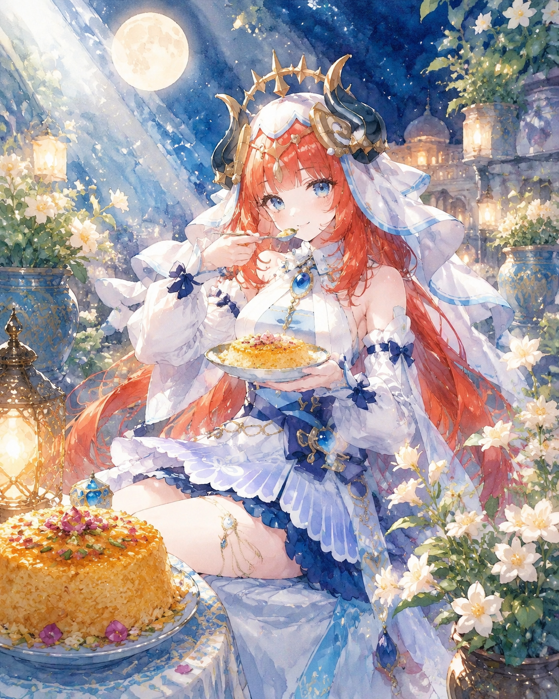 Sampling a bowl of sweet tahchin In a moonlit garden of glowing Padisarahs (dreamy watercolor anime, soft sunbeams)