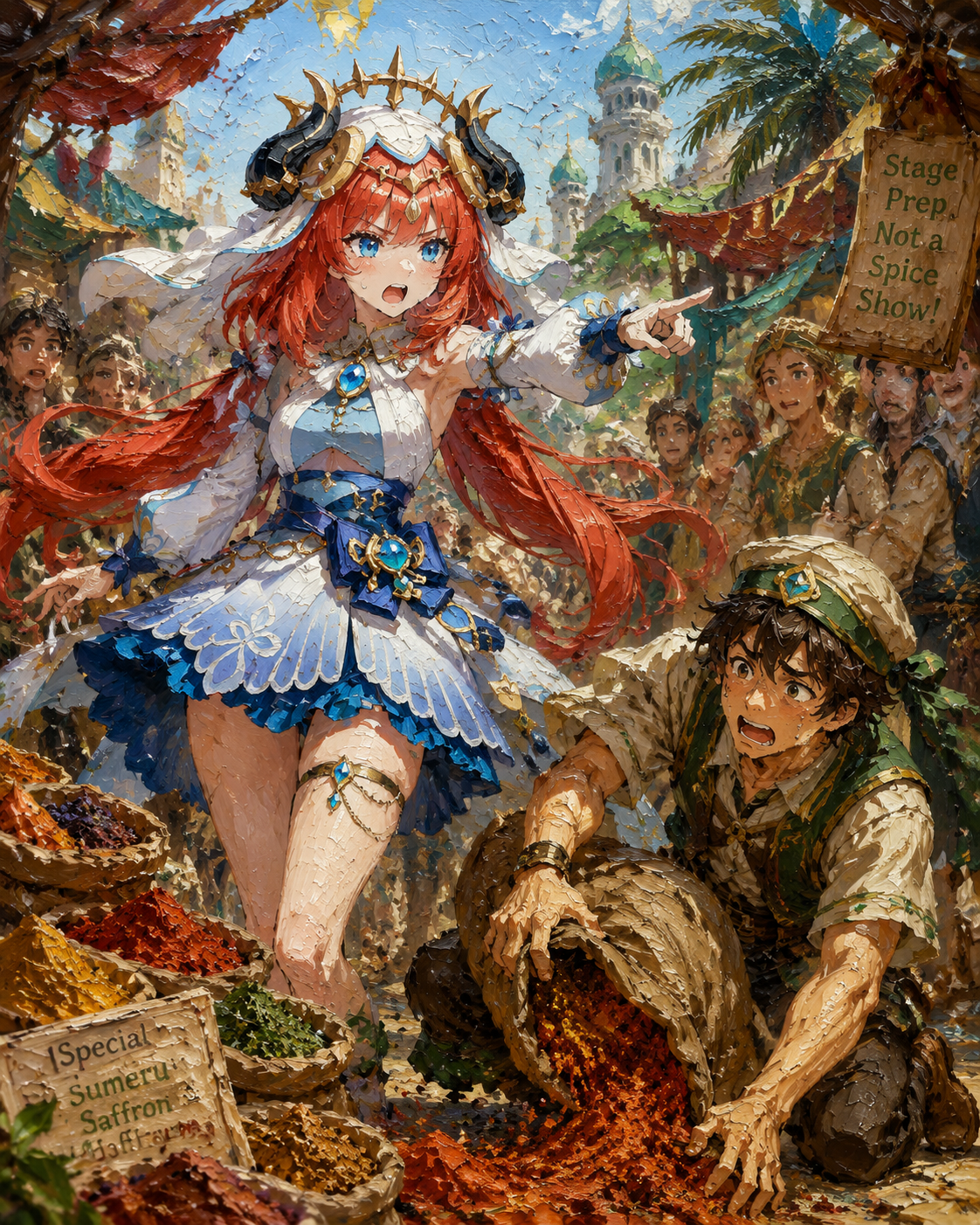 Shouting cues to a clumsy stagehand At a crowded Sumeru City spice market (thick impasto oil painting, vibrant textures)