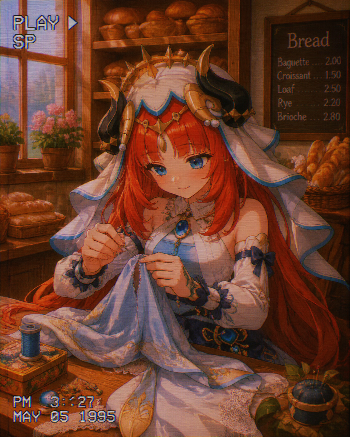 Stitching a tear in a silk costume In a cozy bakery smelling of warm bread (90s retro anime, grainy VHS aesthetic)