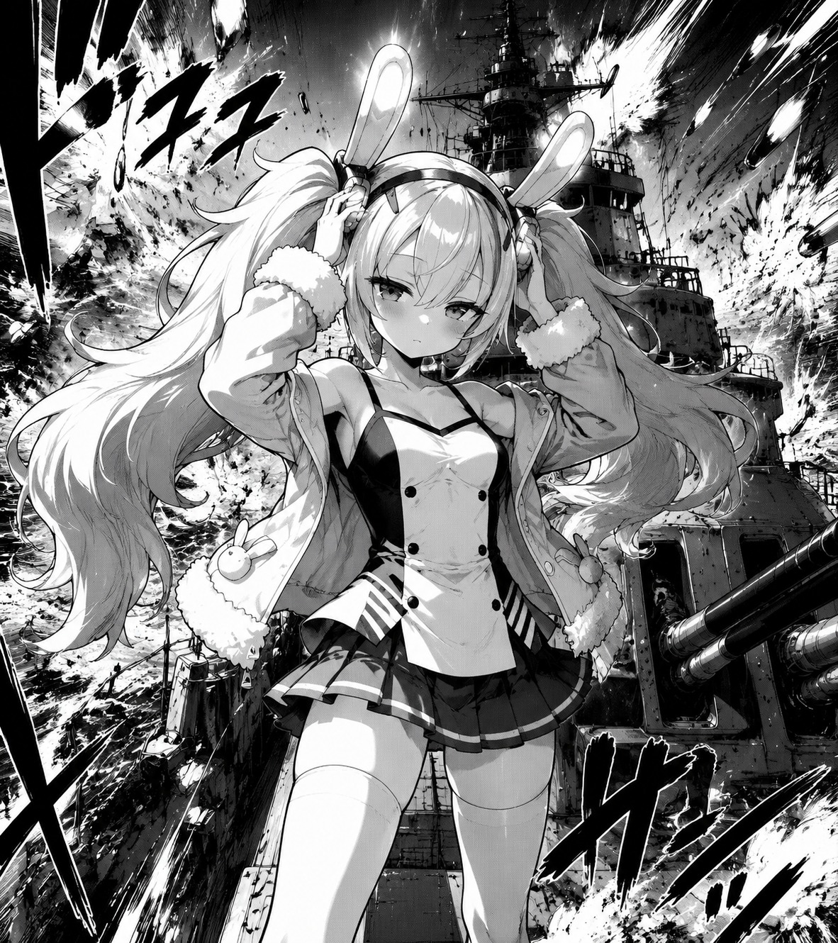 Adjusting her glowing mechanical bunny-ear headband On the deck of a destroyer amidst heavy gunfire (high-octane shonen manga style with heavy ink lines)