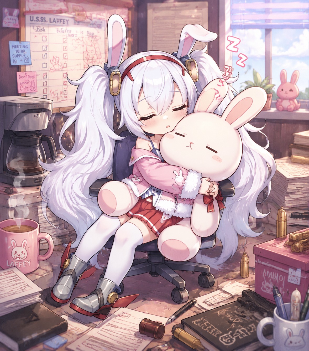 Dozing off while hugging an oversized plush rabbit In a cluttered office smelling of fresh coffee and gunpowder (vibrant chibi art with pastel candy colors)