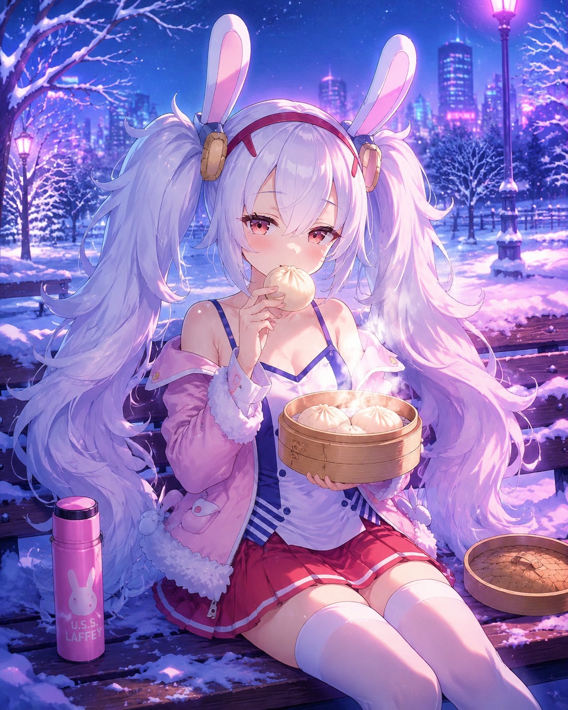 Eating a warm bun from a steaming bamboo basket In a snowy park where the trees are frozen white (sleek digital illustration with neon synthwave glow)