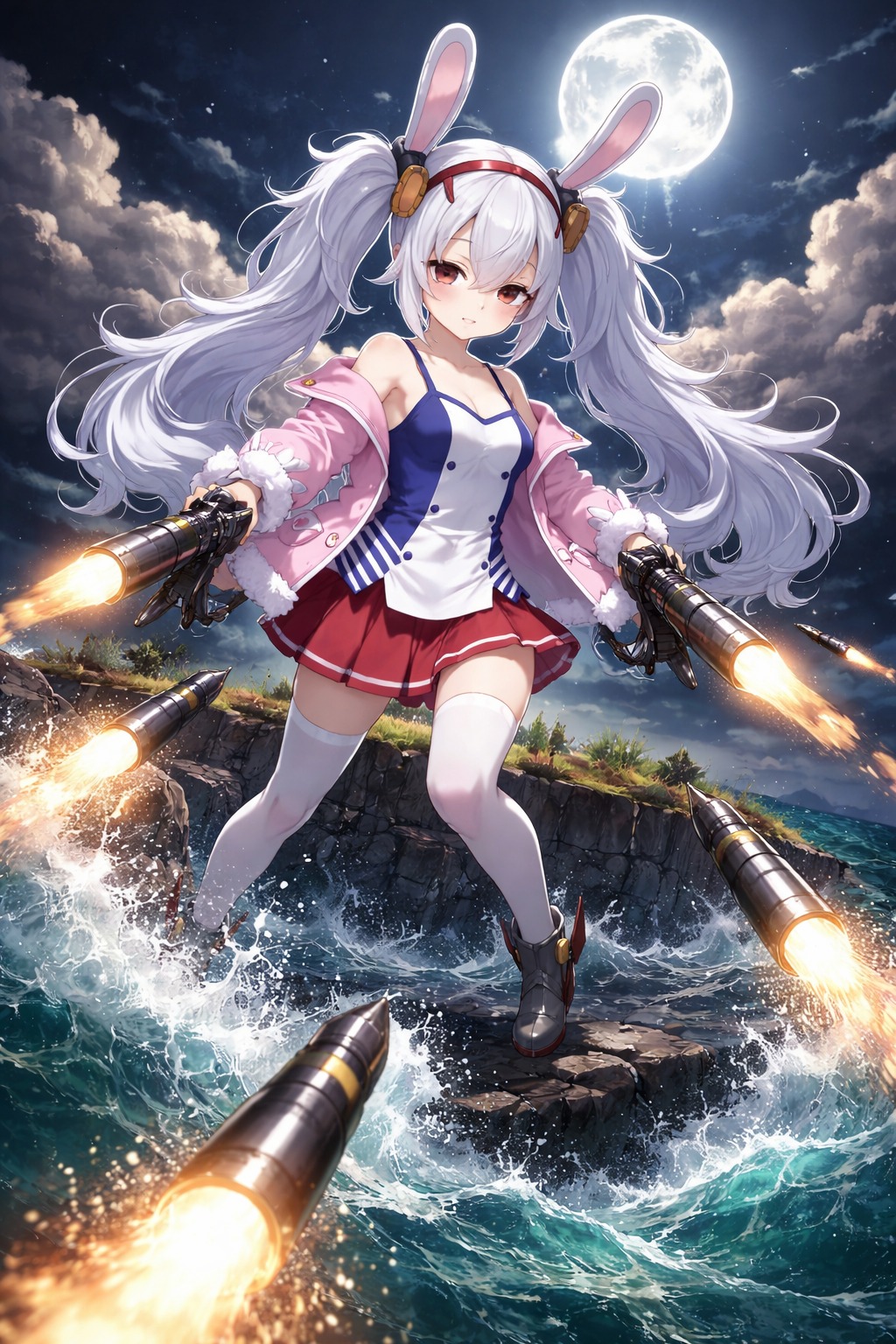 Launching torpedoes into a churning turquoise sea On a floating island surrounded by golden clouds (cinematic noir with harsh moonlight and shadows)