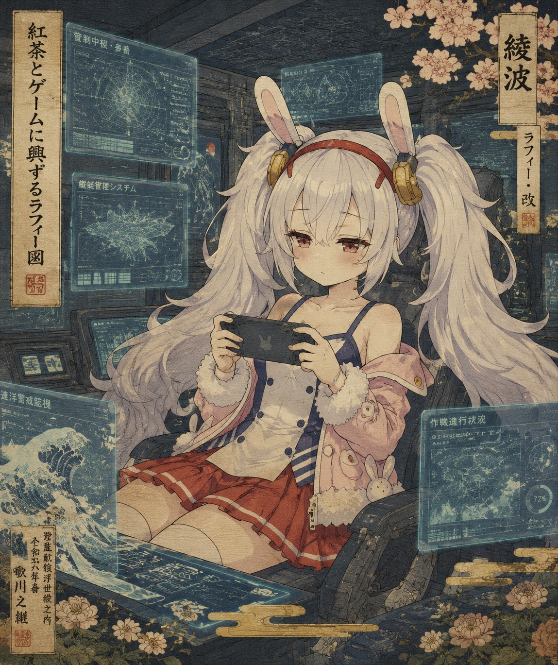 Playing a handheld video game with half-lidded eyes In a high-tech command center with holographic screens (ukiyo-e woodblock print with traditional Japanese motifs)