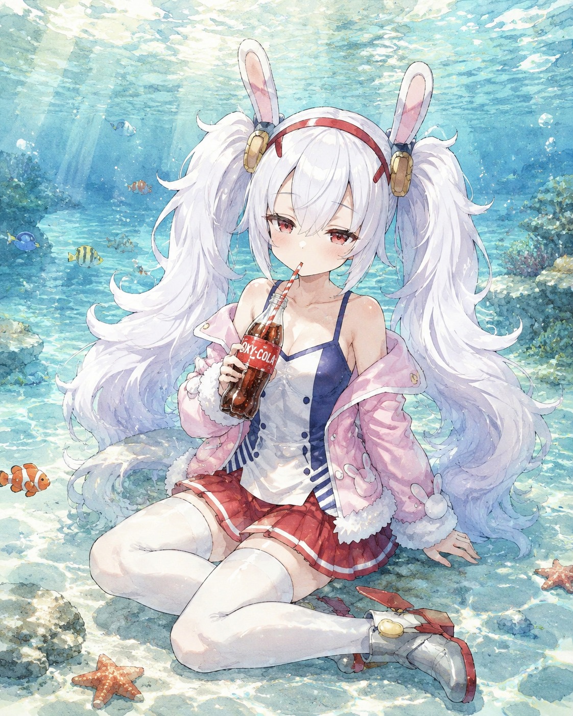 Sipping chilled oxy-cola through a striped straw At the bottom of a crystal clear tropical lagoon (watercolor anime style with gentle sunlight)