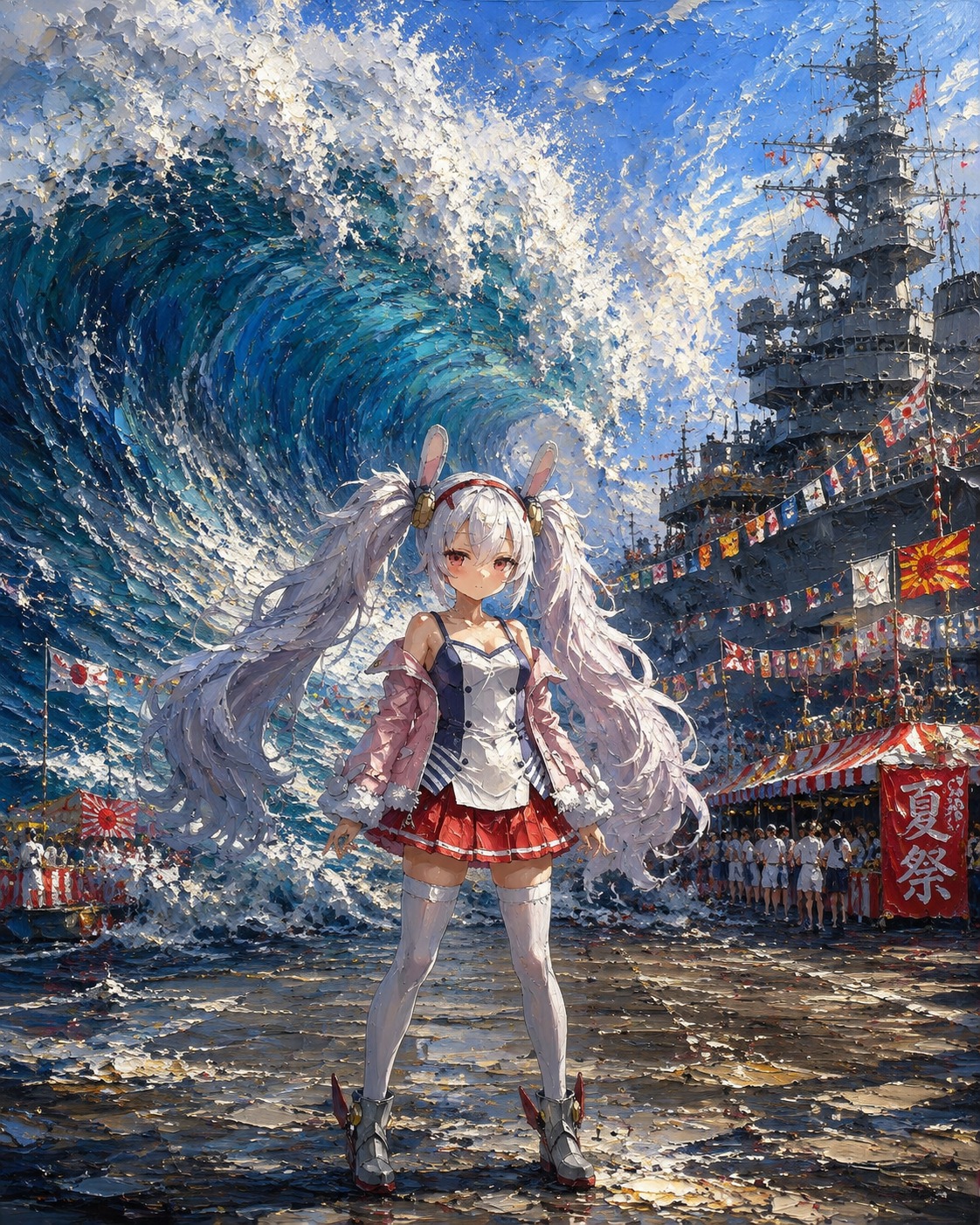 Standing firm against a massive incoming tidal wave At a bustling naval base during a summer festival (oil painting with thick brushstrokes and rich textures)