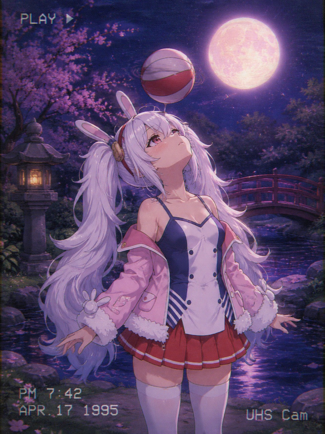 Trying to balance a spinning ball on her nose In a tranquil garden under a glowing full moon (90s retro aesthetic with soft grain and VHS filters)