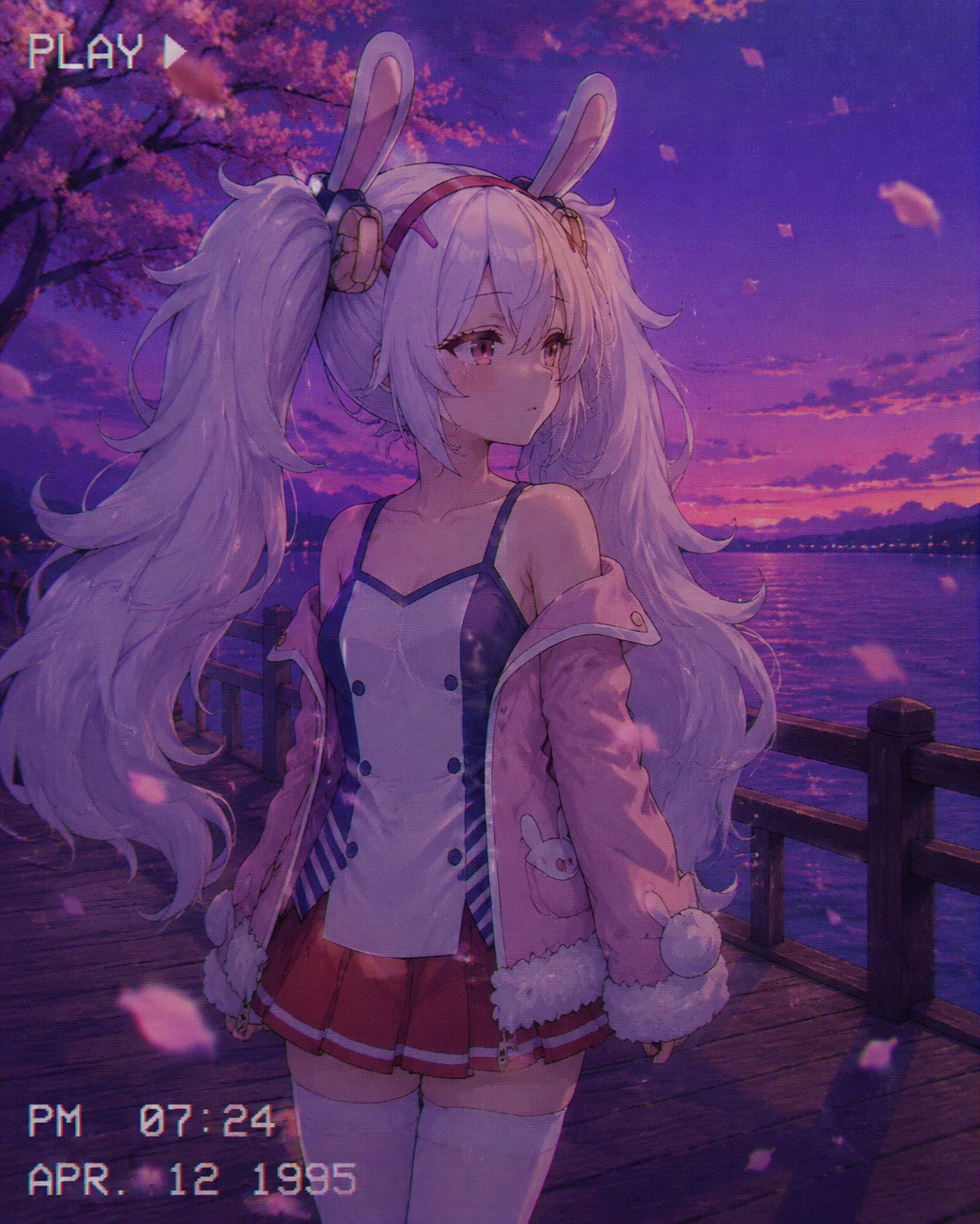 Watching cherry blossom petals drift past her face On a wooden pier overlooking a purple twilight horizon (90s retro aesthetic with soft grain and VHS filters)
