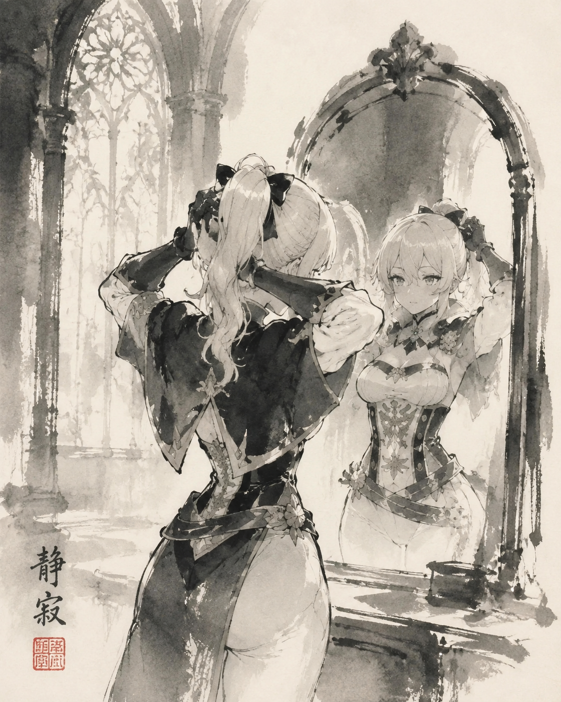 Adjusting her ponytail in a mirror In the silent cathedral under stained glass windows (sumi-e ink wash, minimalist brushstrokes)